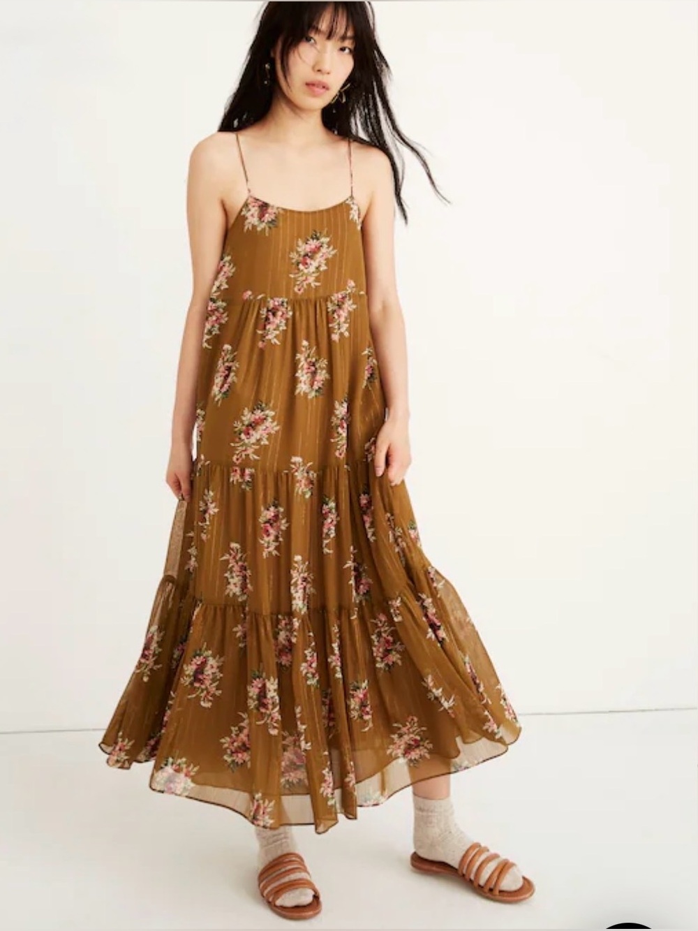 Madewell Cami Tier Midi Dress in Metallic Classic Corsage Nosegay Floral olive